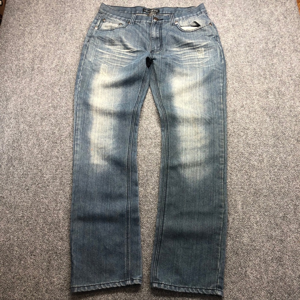 Y2K Mens Straight Leg Distressed Medium Wash Denim Jeans Blue Size 34